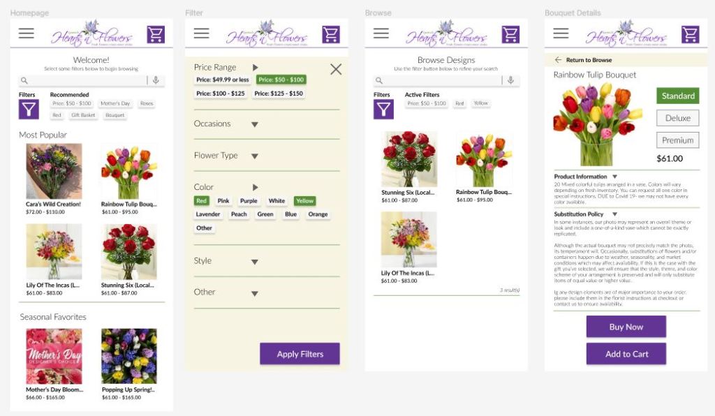 Homepage, Filter, Browse, Bouquet Details