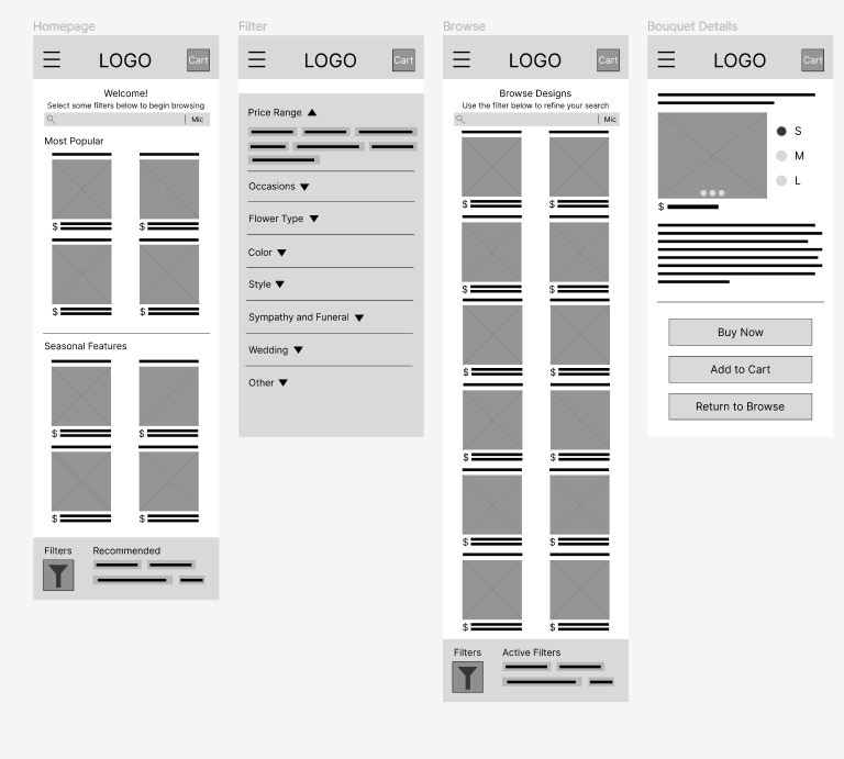 Homepage, Filter, Browse, Bouquet Details