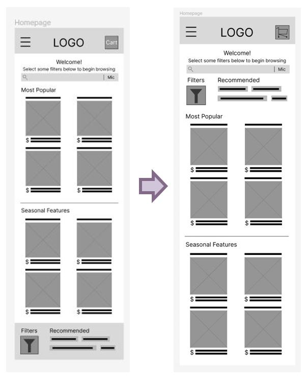 Homepage on the left hand side with filter category on bottom with an arrow pointing to a second iteration with the filter category directly under the search function