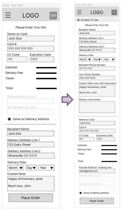 Old screen with payment information first with an arrow pointing to the new screen with recipient info first instead with additional form questions added
